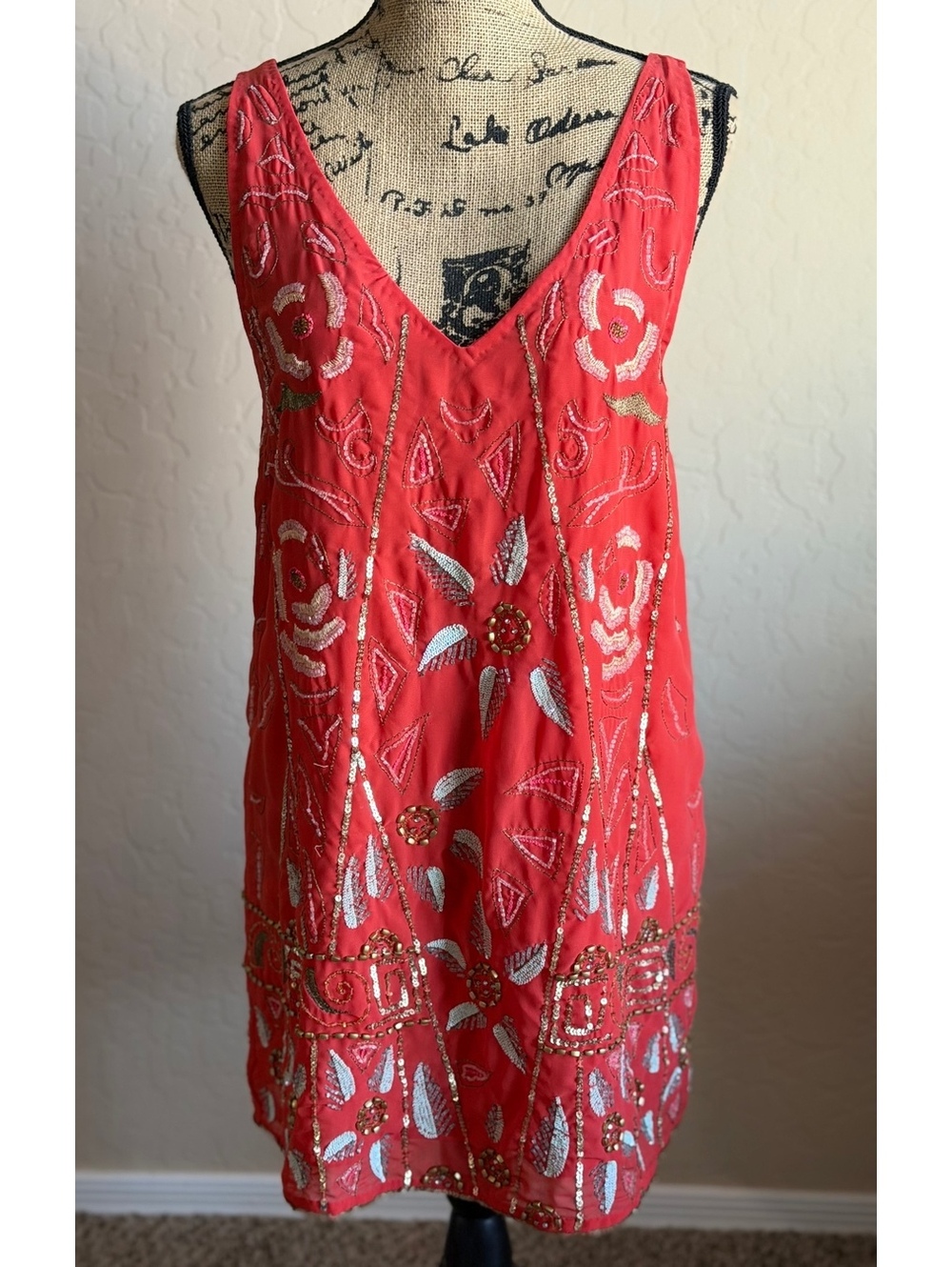 Free People Secret Garden Shift Dress XS Coral Beaded Sequin Embellished Mini